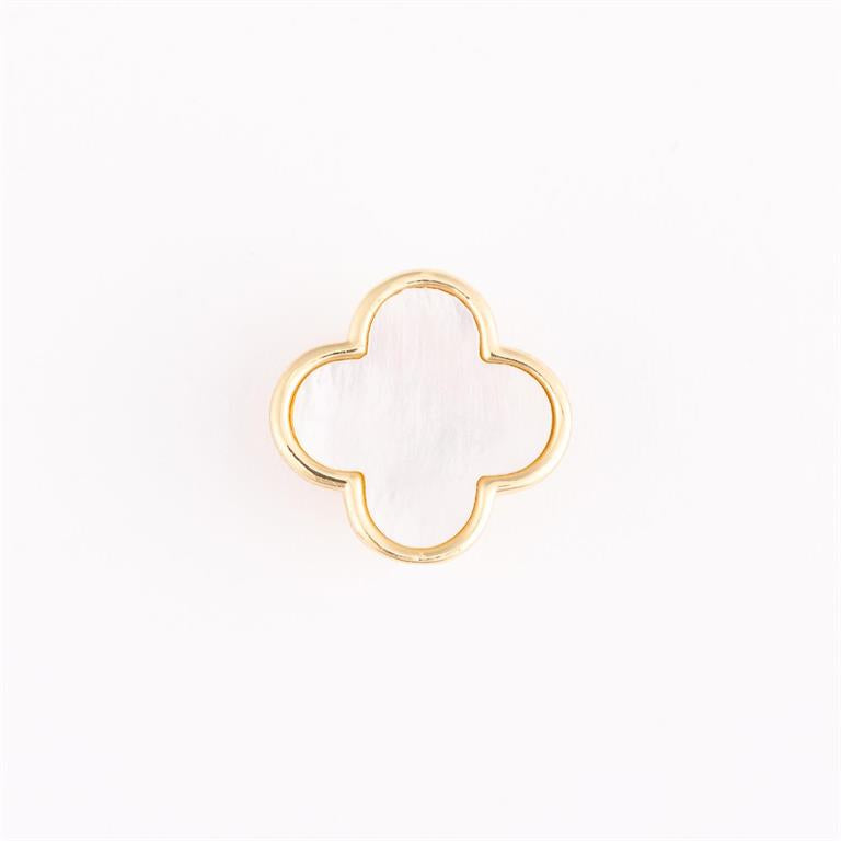 Gold-edged four-leaf clover pendant with glossy white center. Available in small, medium, and large sizes.