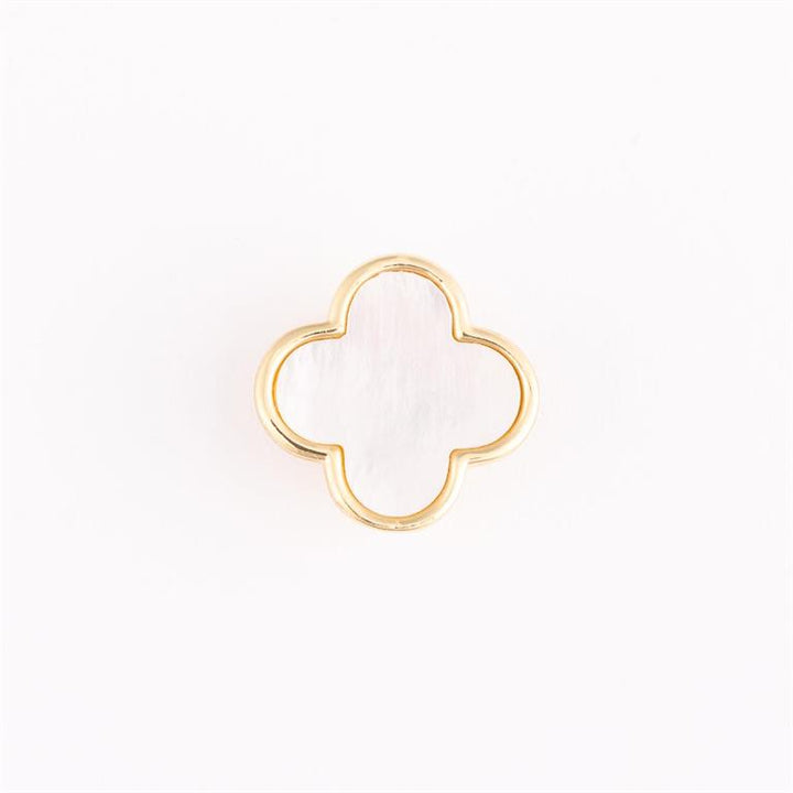 Gold-edged four-leaf clover pendant with glossy white center. Available in small, medium, and large sizes.