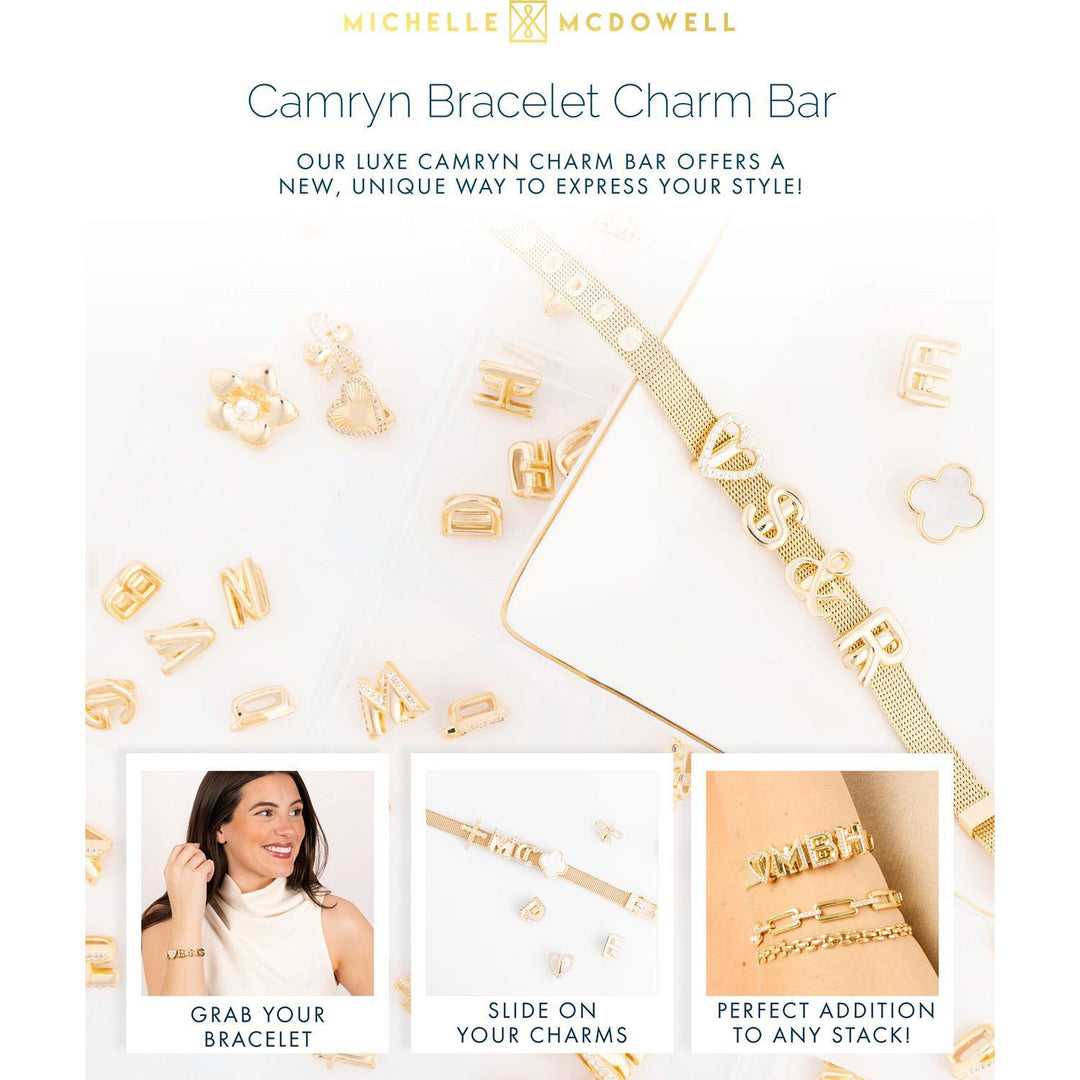 Gold plated Camryn Bracelet Charm Bar with customizable letter charms. Available in sizes S, M, L.