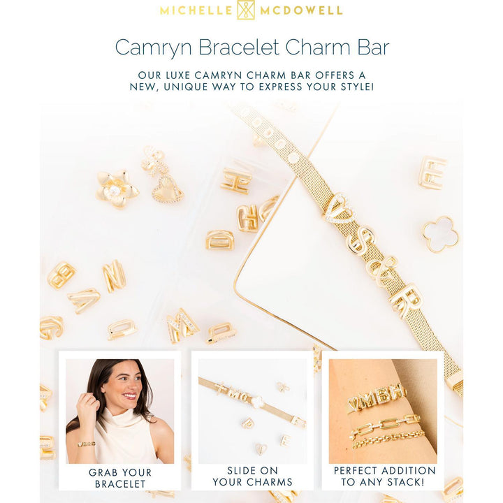 Gold plated Camryn Bracelet Charm Bar with customizable letter charms. Available in sizes S, M, L.