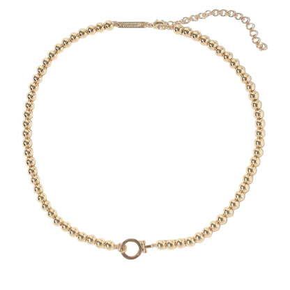 Gold beaded necklace with a round front clasp and adjustable chain, hypoallergenic. Sizes available: S, M, L.