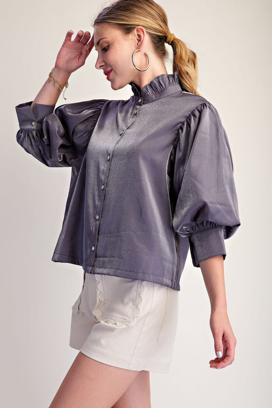 Silver Starlight Blouse: shiny lavender metallic-effect, puffed sleeves, delicate ruffle neckline. Available in XS–XL.