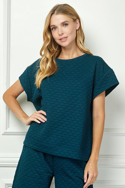 Honey Comb Textured Set in dark teal—short-sleeve top and matching pants. Available in sizes S–XL.