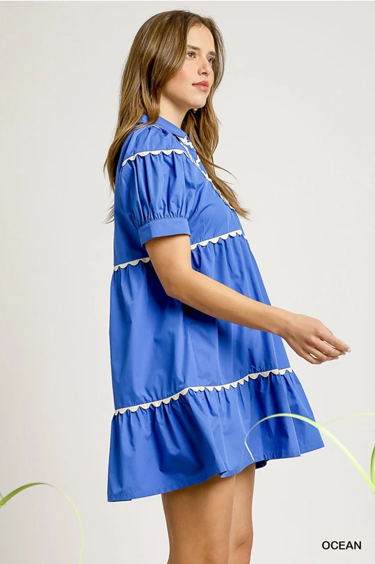 Nellie Azure Ric Rac Dress: loose blue babydoll dress with white ruffle trim. Available in XS-XL.