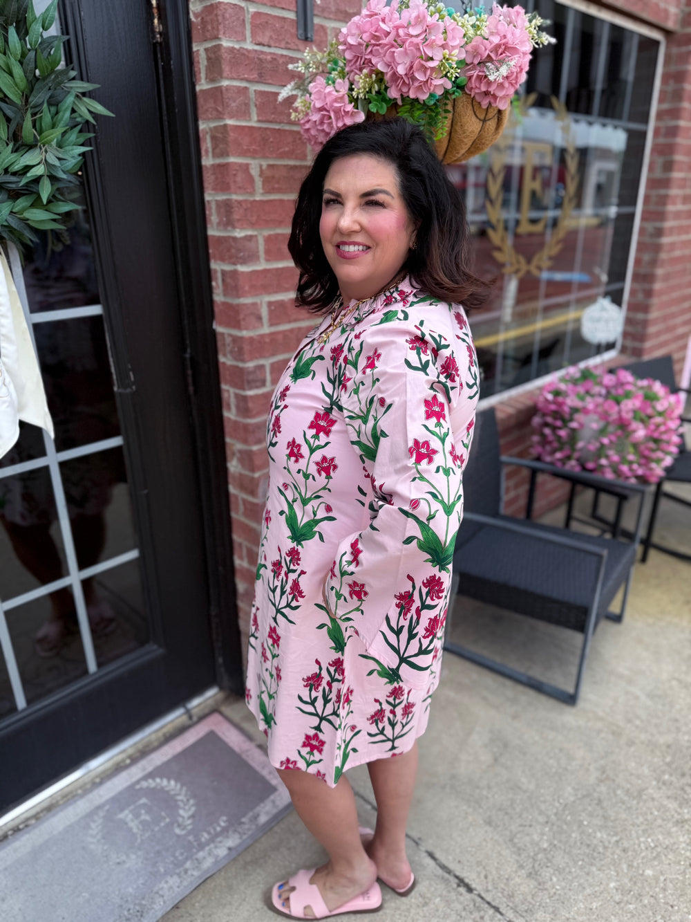 Rose D’ Iris Eloise Mini Caftan in pink floral print; available in sizes XS–XL.