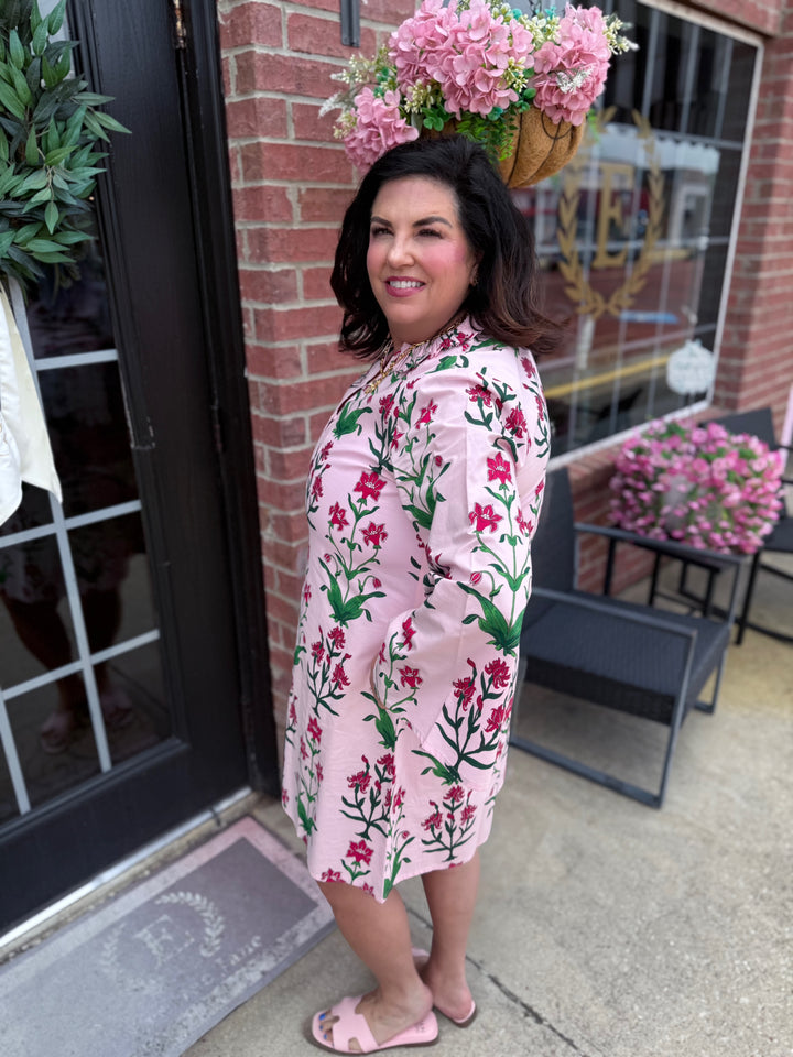 Rose D’ Iris Eloise Mini Caftan in pink floral print; available in sizes XS–XL.