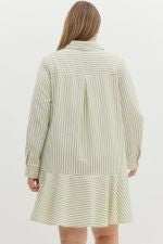 Striped Collared Tiered Dress: loose, long sleeves, thin green stripes, ruffled hem. Available in XS–XL.