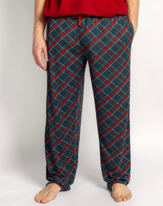 Men’s Layton plaid sleep pants in navy, red, and green with a drawstring waist.
