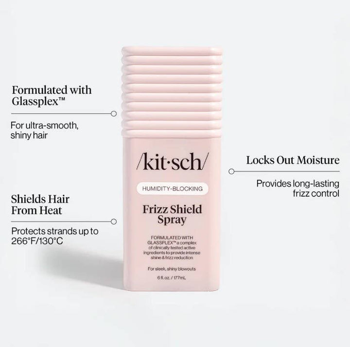 6 fl. oz. / 177 mL bottle of Humidity Blocking Frizz Shield Spray with heat protection, moisture resistance, and hair smoothing benefits.