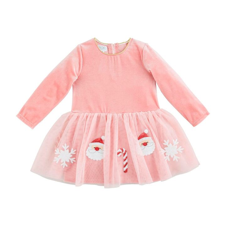 Pink velour tutu dress with long sleeves, mesh skirt, and sequin Santa, candy cane, and snowflake appliques. Available in various sizes.