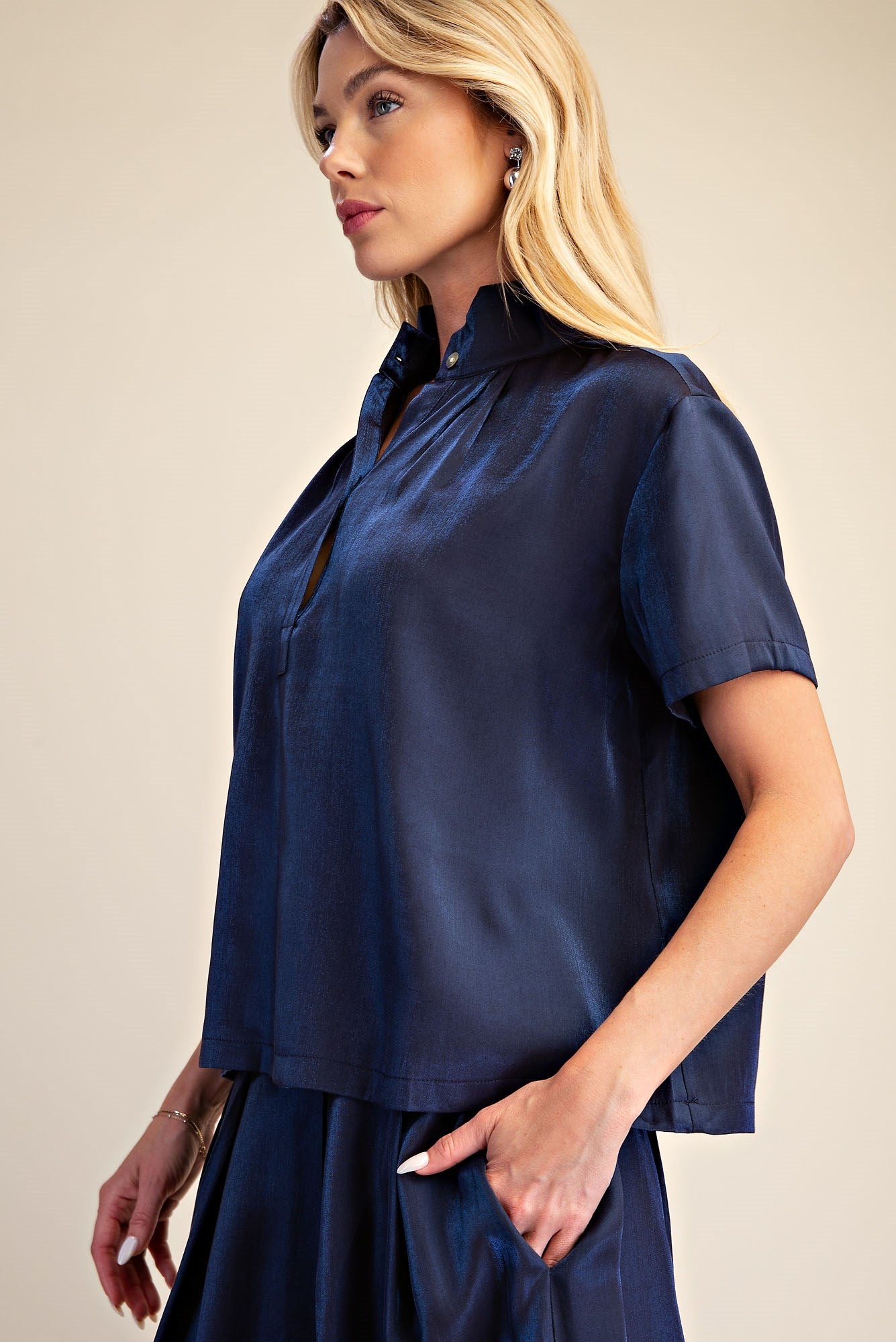 Midnight Shimmer Blouse: women's navy blue satin top, available in sizes XS-XL.
