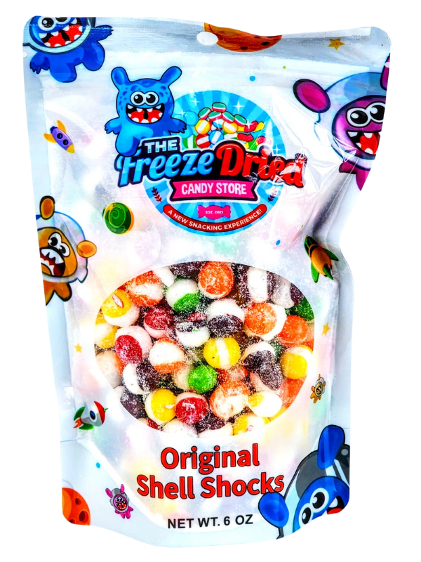 Freeze Dried Shell Shocks: Sour Wild Berry, 4 oz bag, crunchy assorted candies with fruity, sour berry flavor.