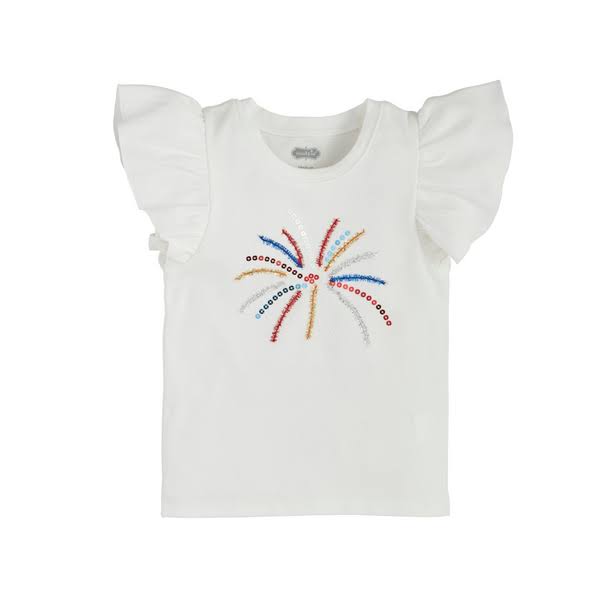 The 4th of July Girls' Toddler Tee is a white T-shirt with flutter sleeves, featuring a colorful sequin fireworks design. Available sizes: Toddler 2T, 3T, 4T, and 5T.
