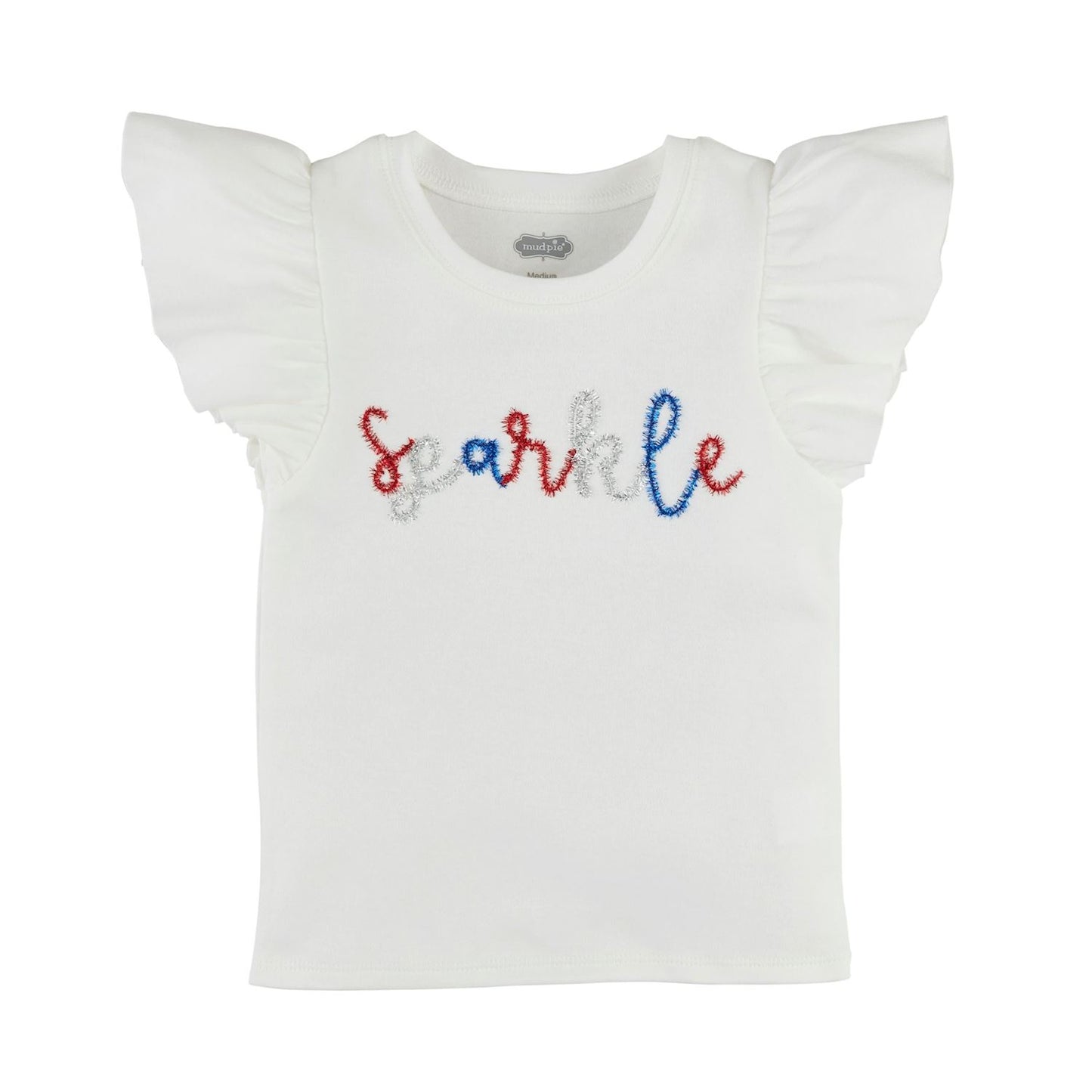 4th of July Girls' Toddler Tee - White cotton interlock T-shirt with flutter sleeves. Features "sparkle" embroidered in red, blue, and white sequins. Sizes: 2T, 3T, 4T, 5T.