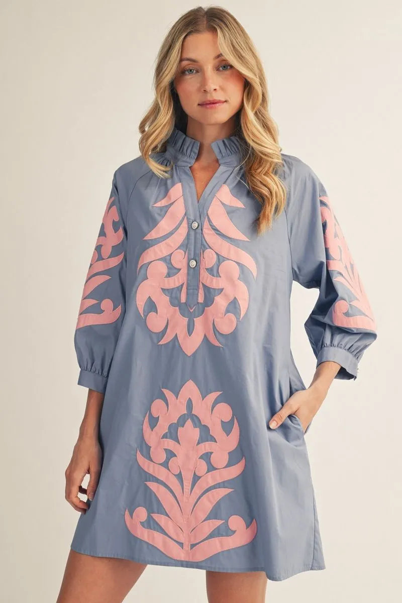 Cornflower Blue & Pink Baroque Applique Shift Dress with 3/4 sleeves, ruffled collar, chest buttons. Sizes: XS-XL.
