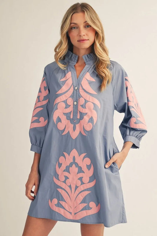 Cornflower Blue & Pink Baroque Applique Shift Dress