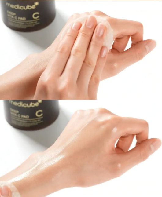 MEDICUBE Deep Vita C Pads Brightening shown in use and after, revealing radiant skin. Available in 70- or 120-pack sizes.
