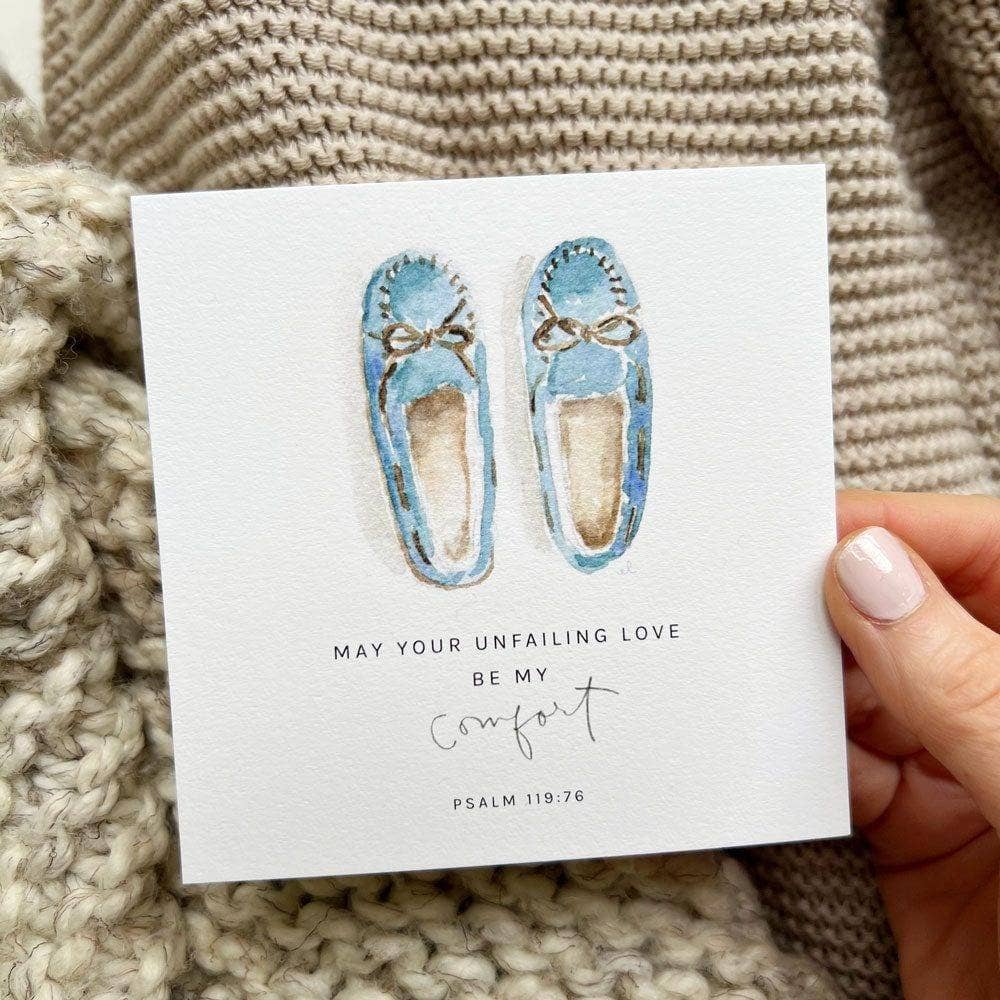 Truth for today hope card featuring blue slippers and comforting Psalm 119:76. Sizes available: standard and mini.