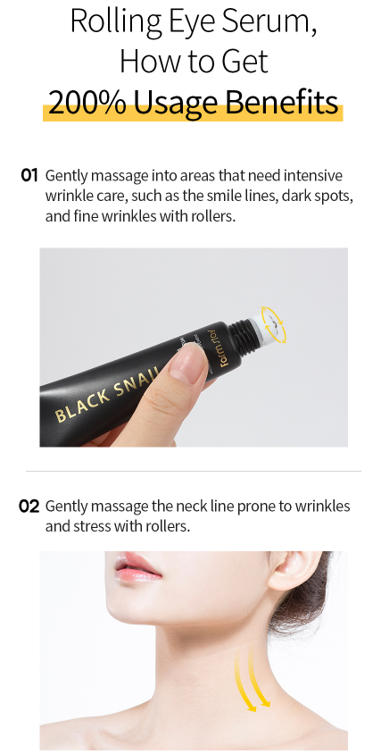 FARMSTAY Black Snail Premium Rolling Eye Serum: hold bottle, apply to face, massage neck. Available in 25ml size.