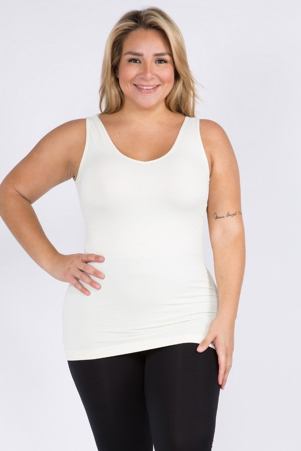Reversible V or U Neckline Seamless Tank in white. Available in sizes XS-XL.