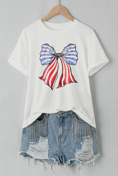 American Flag Bow T-Shirt with red, white, and blue stars and stripes. Available in sizes S-XL.