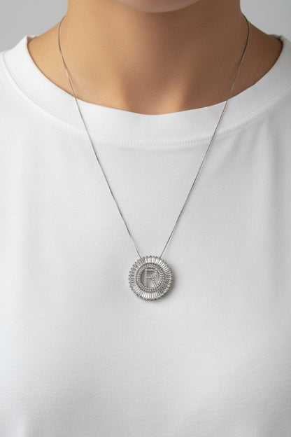 Gold circle pendant with diamonds and "R" initial. Crystal Initial Necklace. Available in 16", 18", and 20" sizes.