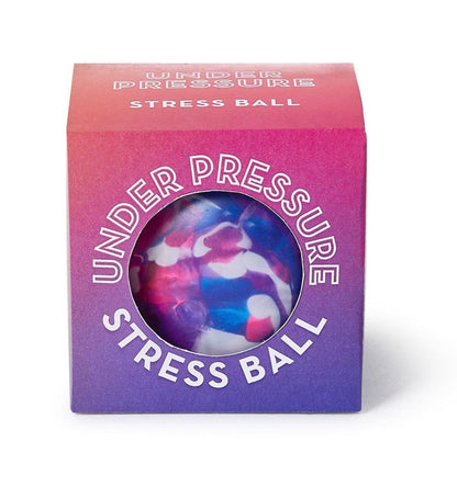 Purple and pink box labeled "Under Pressure Marbled Stress Ball" with a clear window showing a colorful stress ball inside; available in multiple sizes.