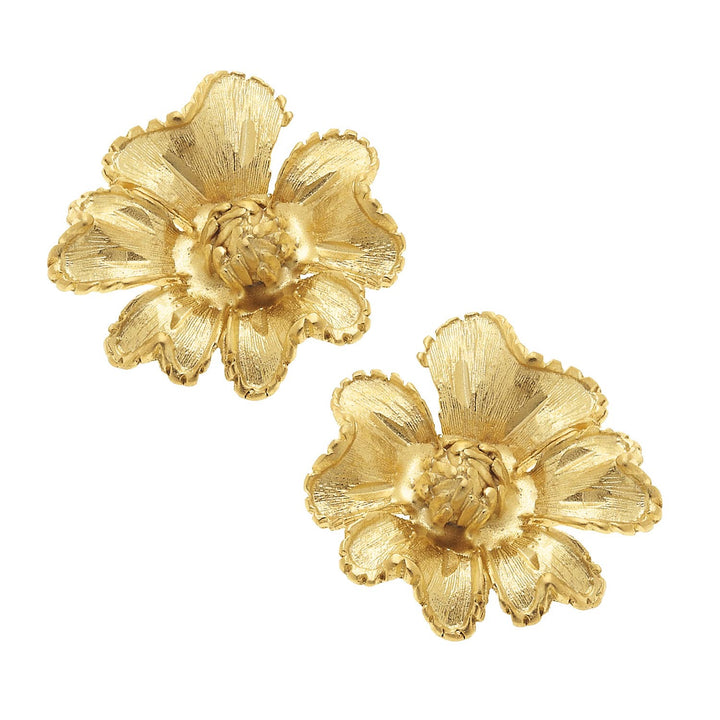 Marigold Studs: handmade 24k gold earrings with textured petals and detailed centers. Available in small and medium sizes.