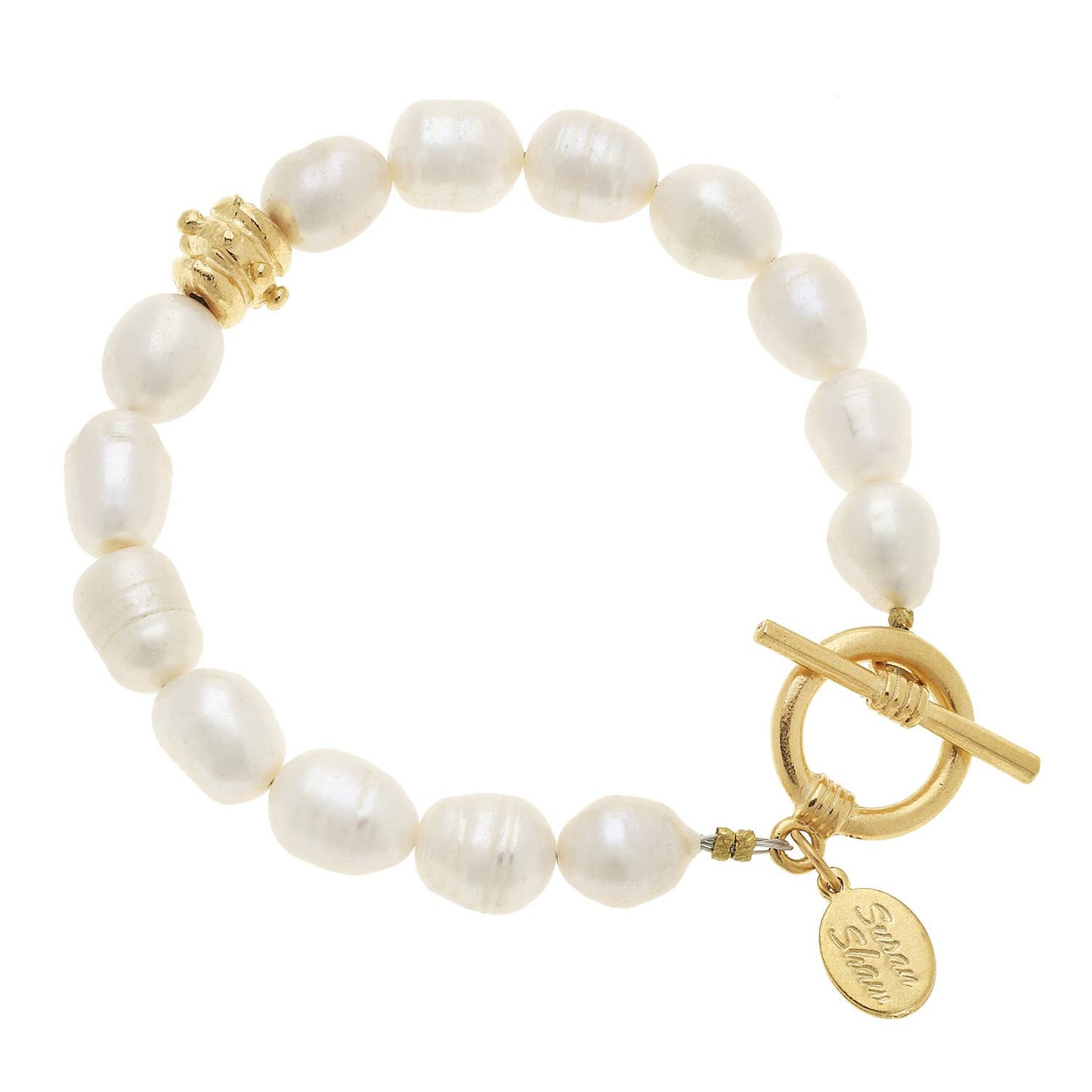 Genuine white oval pearl bracelet with gold toggle clasp, "Sarah Chloe" charm, bead accent. Available in sizes S, M, L.