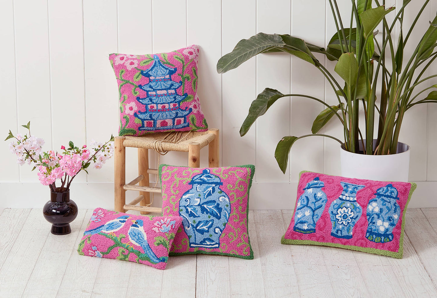 Four colorful Chinoiserie Chickadees Hook Pillows with blue vase and pagoda designs, some featuring plush velvet backing, available in multiple sizes.