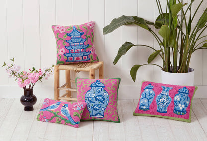 Four colorful Chinoiserie Chickadees Hook Pillows with blue vase and pagoda designs, some featuring plush velvet backing, available in multiple sizes.