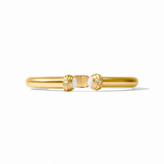 24K gold-plated Portofino Demi Cuff with two round white jade accents, clear gemstones at clasp. Sizes: S, M, L.