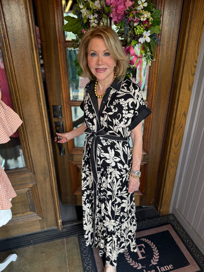 Dolman Sleeve Midi Dress in black and white floral print, available in sizes XS–XL.