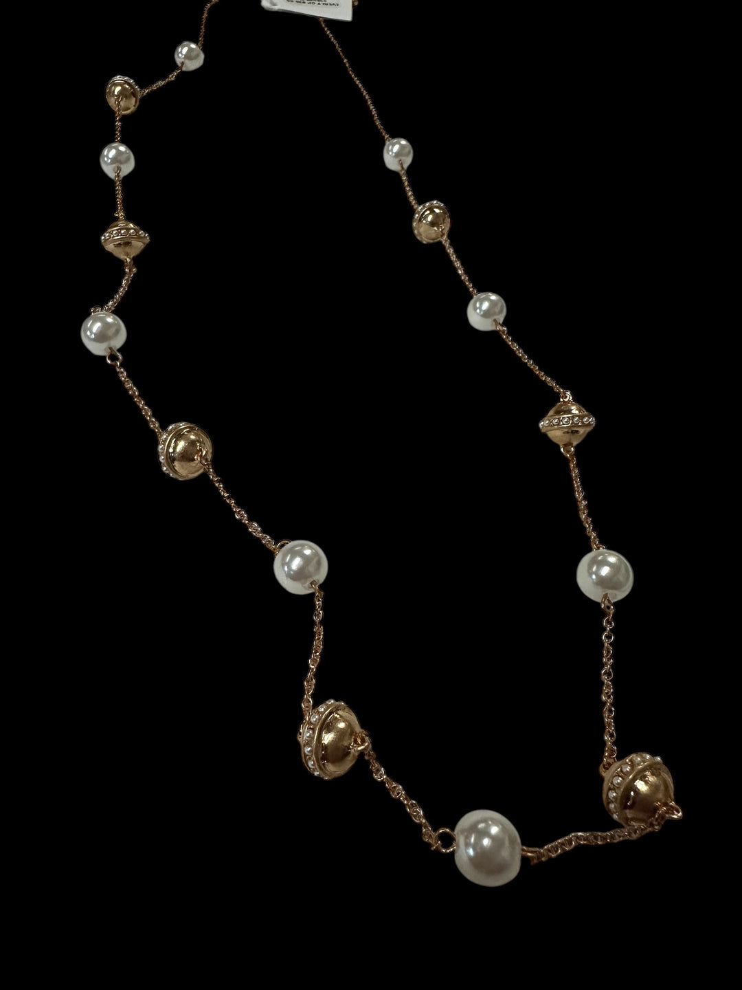 The Everly Necklace: long gold chain with alternating large white pearls and textured gold beads. Available in multiple sizes.