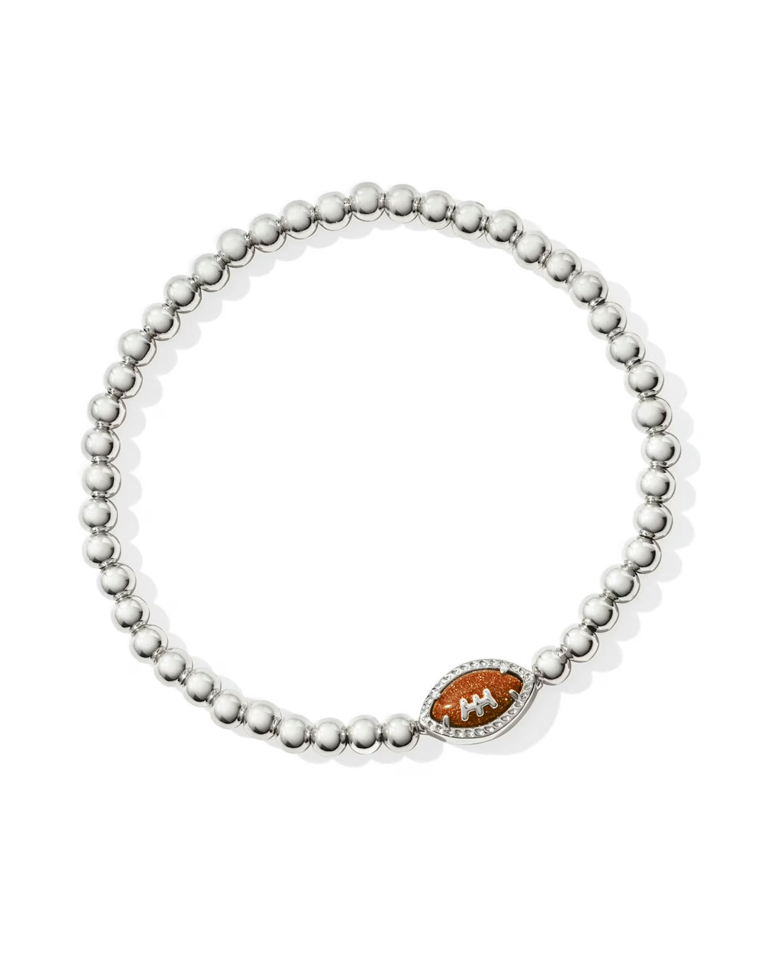 Silver beaded bracelet with small brown enamel football charm, white laces, clear stones. Available in one size.