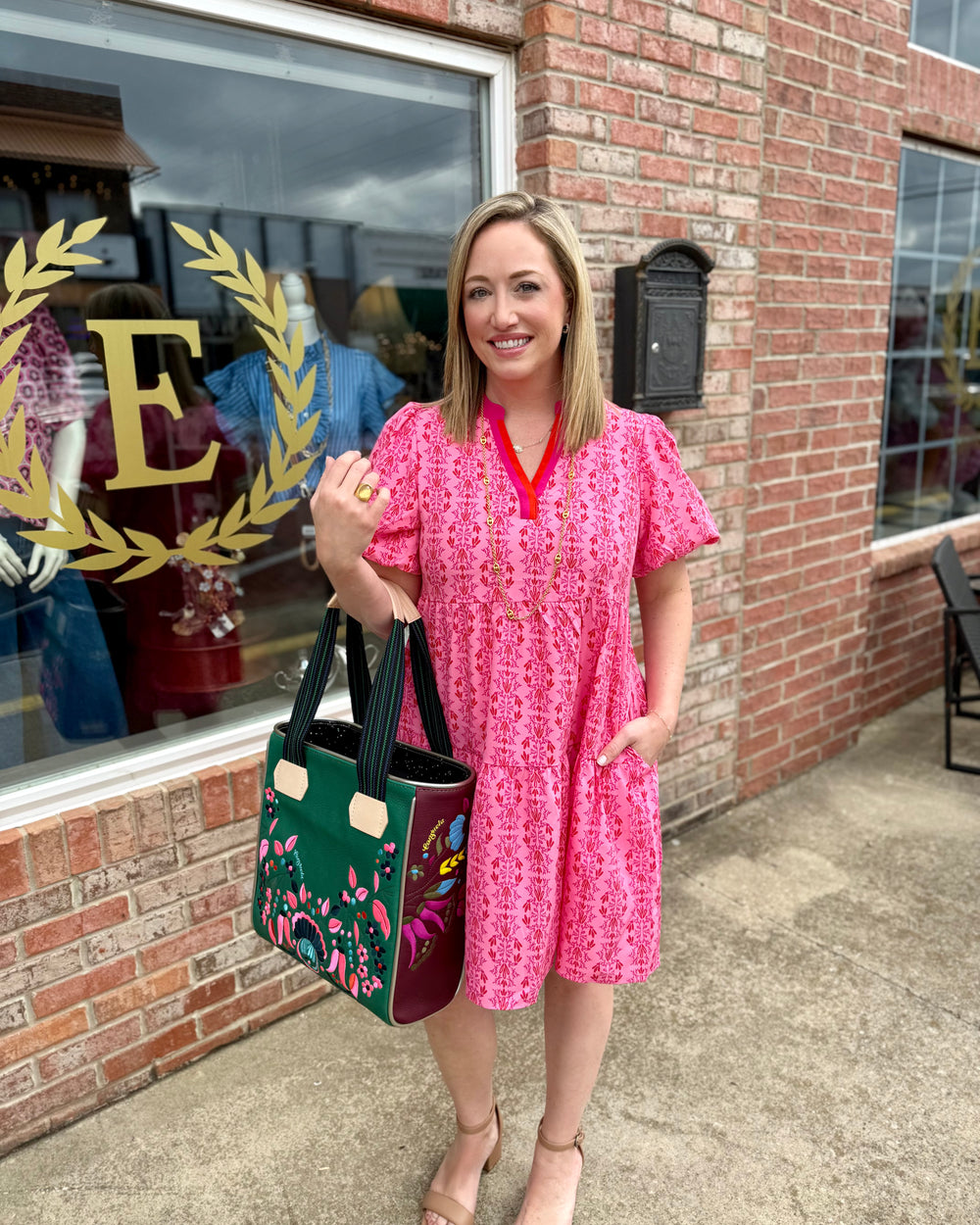 Kinsley Heirloom Vine Pink Dress with pockets, available in sizes XS-XL.
