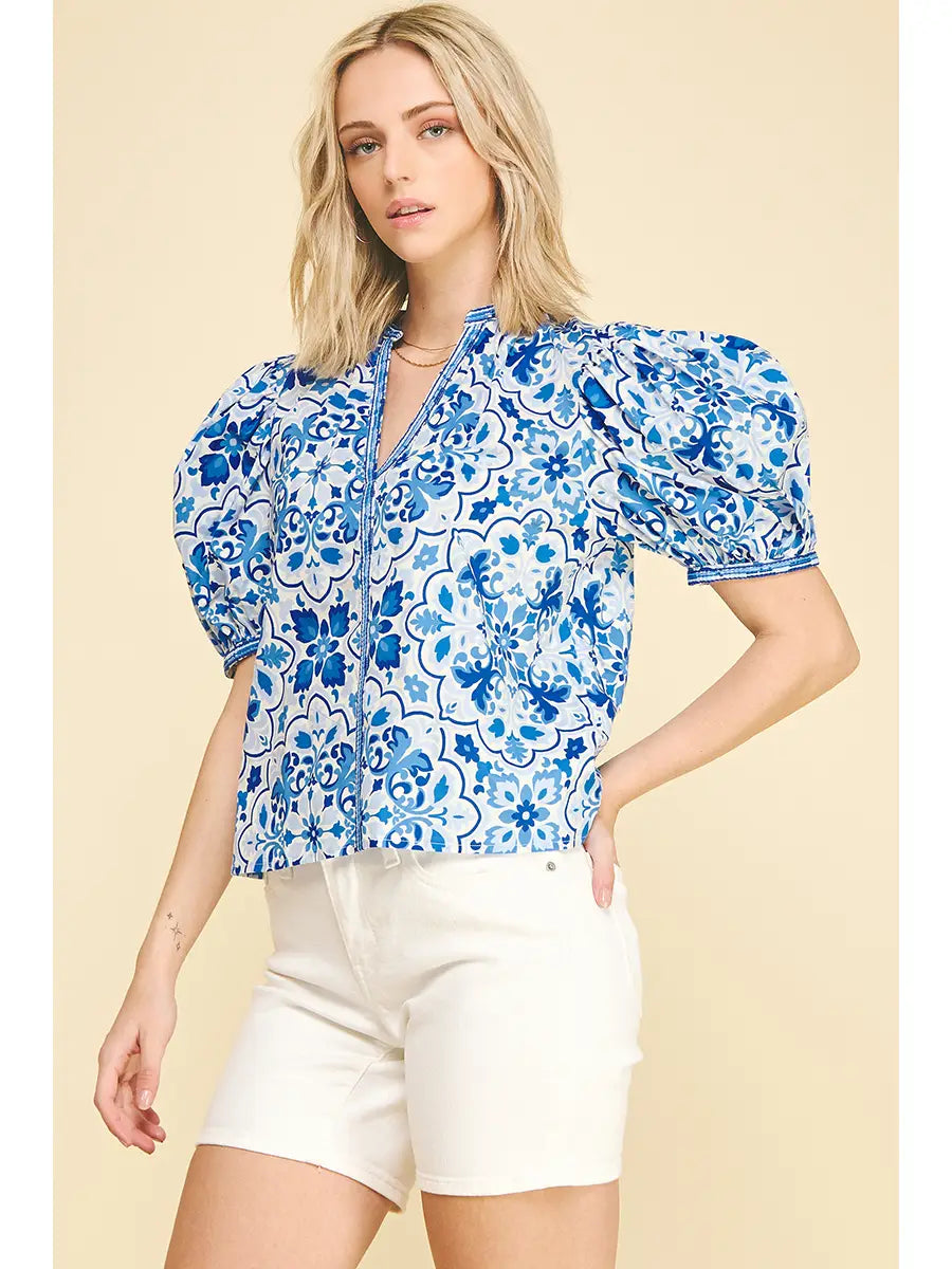Damask V-Neck Balloon Sleeve Blouse