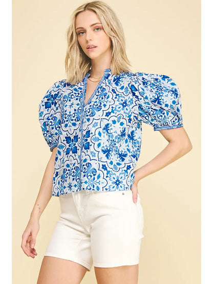 Damask V-Neck Balloon Sleeve Blouse