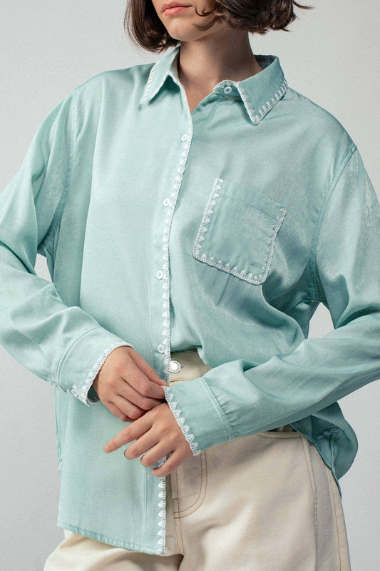 Mint green Sage Smooth Silk Long Sleeve Dress Shirt with white trim. Available in sizes S-XL.