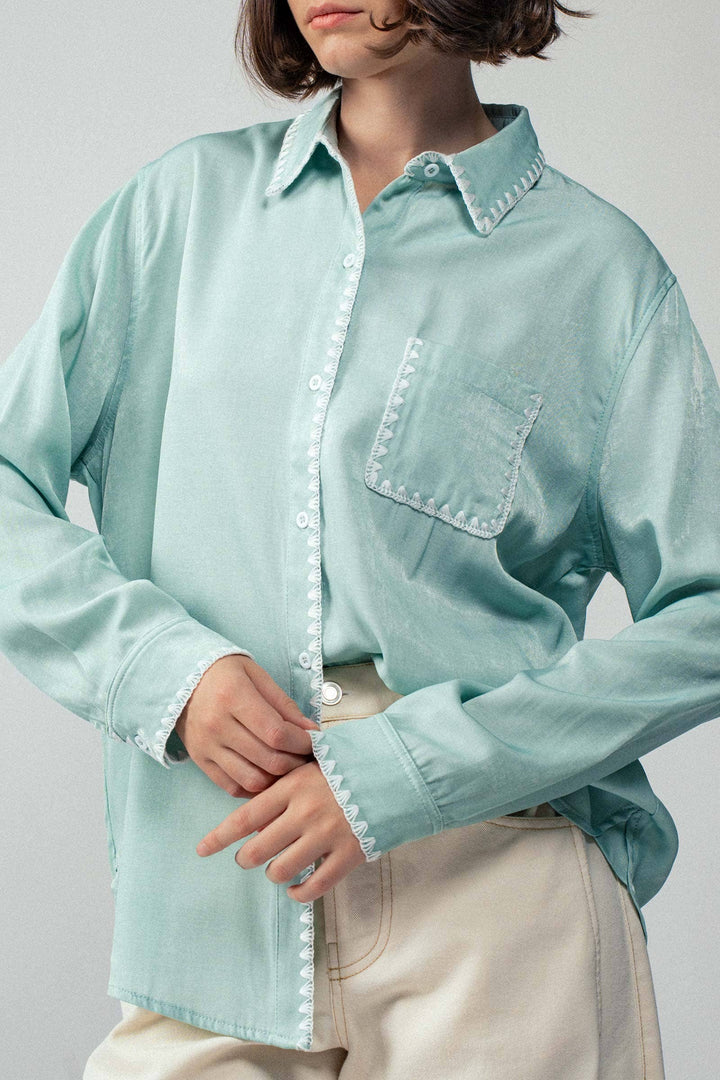 Mint green Sage Smooth Silk Long Sleeve Dress Shirt with white trim. Available in sizes S-XL.