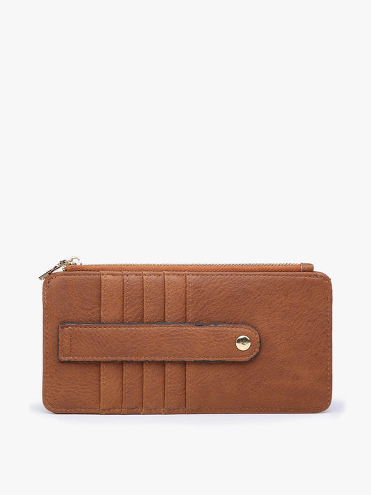 Brown vegan leather wallet with zipper coin pouch, vertical card slots, horizontal strap, gold snap. Sizes: S, M, L.