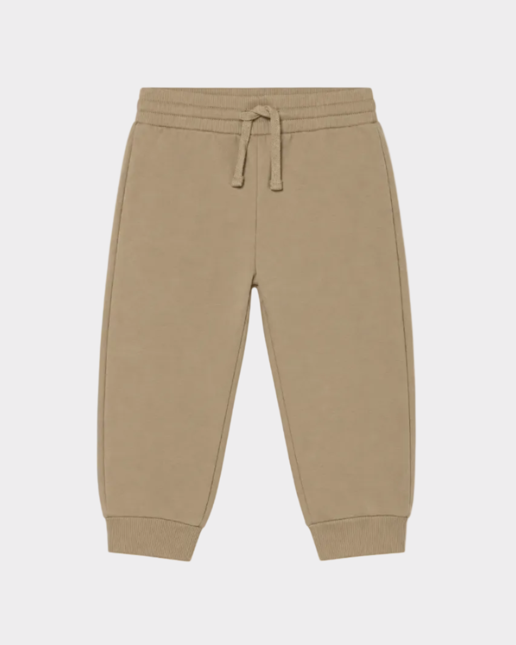 Baby jogger pants in beige with elastic waistband, adjustable drawstring, and ribbed cuffs. Available in sizes 0-3M, 3-6M, 6-9M, and 9-12M.