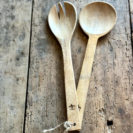 Set of two 10" handmade mango wood salad servers, spoon and fork, with twine-tied handles.
