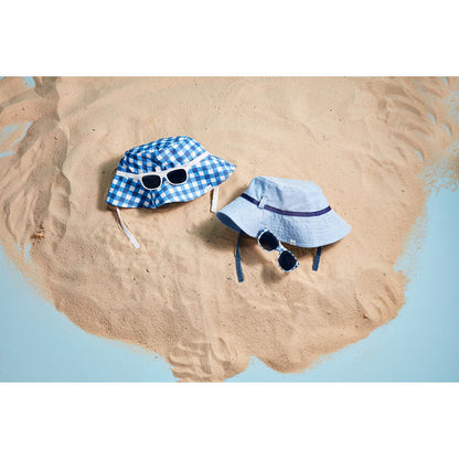 The Blue Hat & Sunglasses product line includes two bucket hats: a UPF 50+ blue and white checkered pattern hat, and a light blue hat with a dark band paired with UV400 infant sunglasses. Sizes available: Infant.