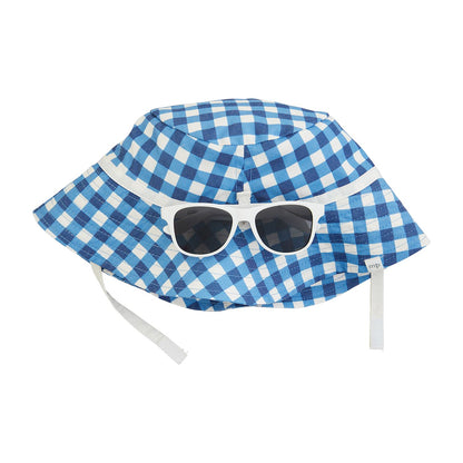 Blue Hat & Sunglasses" set includes a blue and white checkered UPF 50+ sun hat with chin straps and UV400 infant sunglasses. Sizes: 0-6 months, 6-12 months, 12-24 months.