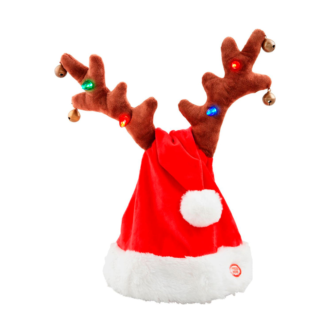 Red light-up Singing Santa Deer Hat with plush brown antlers, bells, and multi-colored LEDs. Available in one size.