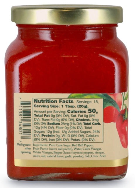 Glass jar of Reserve Red Pepper Jelly filled with red sauce, featuring a nutrition label and tomato image on the back. Available in multiple sizes.