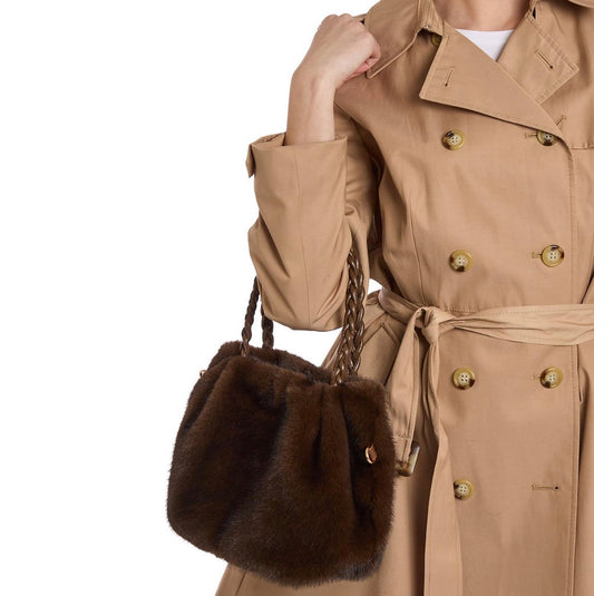 Brown Faux Fur Bag with braided handles and detachable shoulder strap; available in small, medium, and large sizes.