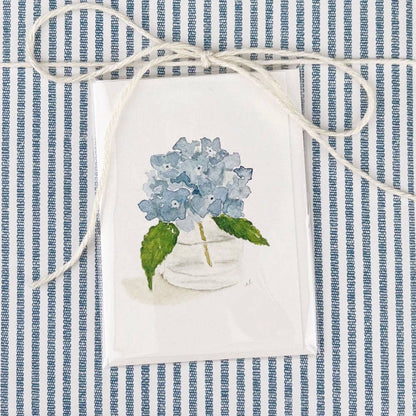 Hydrangea Mini Notecard with watercolor blue hydrangeas in a white vase. Available in mini size only.