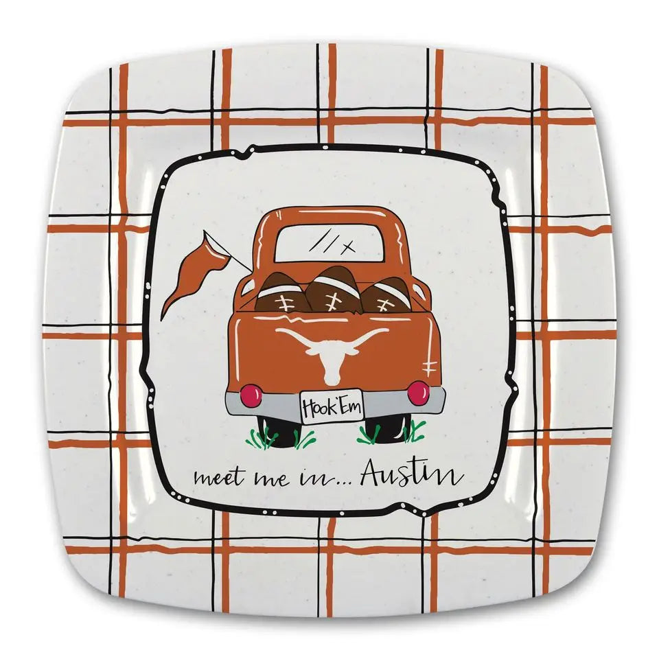 Square melamine plate with orange plaid, cartoon truck, longhorn flag, and "Hook 'Em" text. Available in one size.